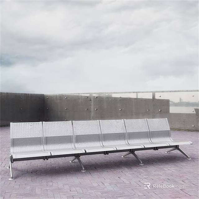 Outdoor Public Metal Bench With Concrete Wall Railing And Brick Pavement 3d model 