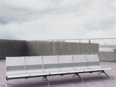 Outdoor Public Metal Bench With Concrete Wall Railing And Brick Pavement 3d model