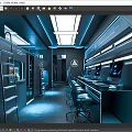 High Tech Hotel Room Interior With Blue Lighting Metal Furniture And Computer Desks