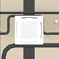 White Ceiling Mounted Air Conditioner Fan With Black Pipes Metal Parts And Light Colored Wall
