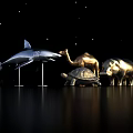 Silver and Gold Metal Animal Figurines Decorative Ornament Set on Black Background