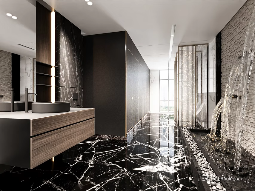 Luxury Public Restroom Interior With Modern Vanity Marble Flooring And Water Feature 3d model 