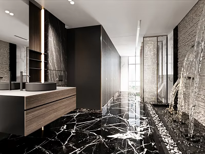 Luxury Public Restroom Interior With Modern Vanity Marble Flooring And Water Feature 3d model