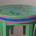 Green Wooden Stool With Pink Dots Blue Trim And Striped Seat Surface