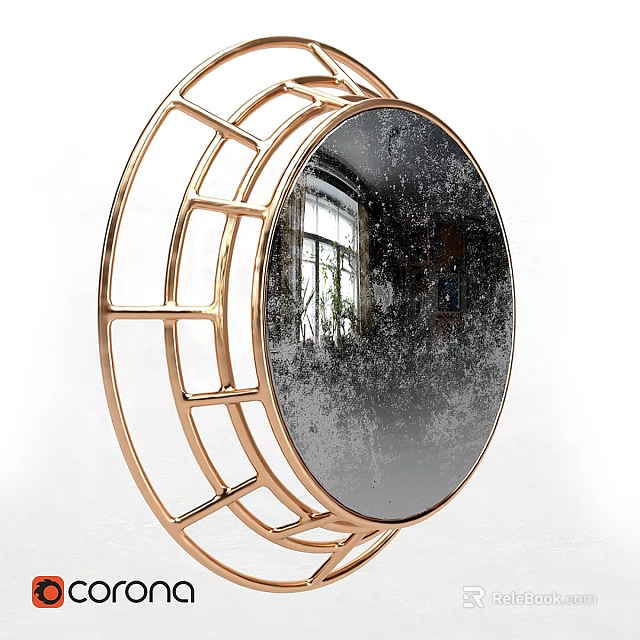 Circular Decorative Mirror With Golden Geometric Frame Reflecting Window And Plants 3d model 