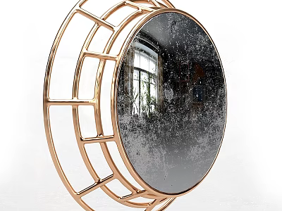 Circular Decorative Mirror With Golden Geometric Frame Reflecting Window And Plants 3d model