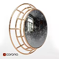 Circular Decorative Mirror With Golden Geometric Frame Reflecting Window And Plants