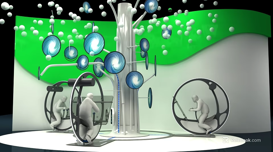 Futuristic Exercise Equipment Featuring Central Tree Structure Glowing Panels And Green Bubble Background 3d model