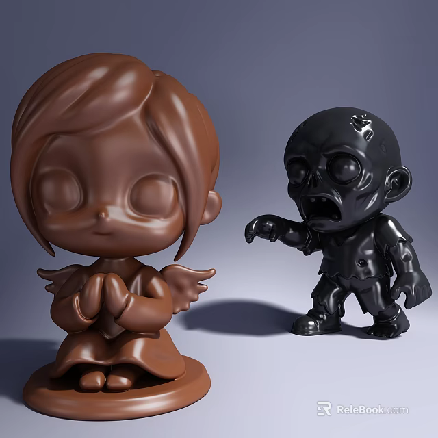 Detailed Artistic Sculpture Carvings Brown Angel With Praying Hands And Black Zombie With Scary Expression 3d model 