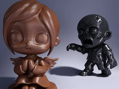 Detailed Artistic Sculpture Carvings Brown Angel With Praying Hands And Black Zombie With Scary Expression 3d model