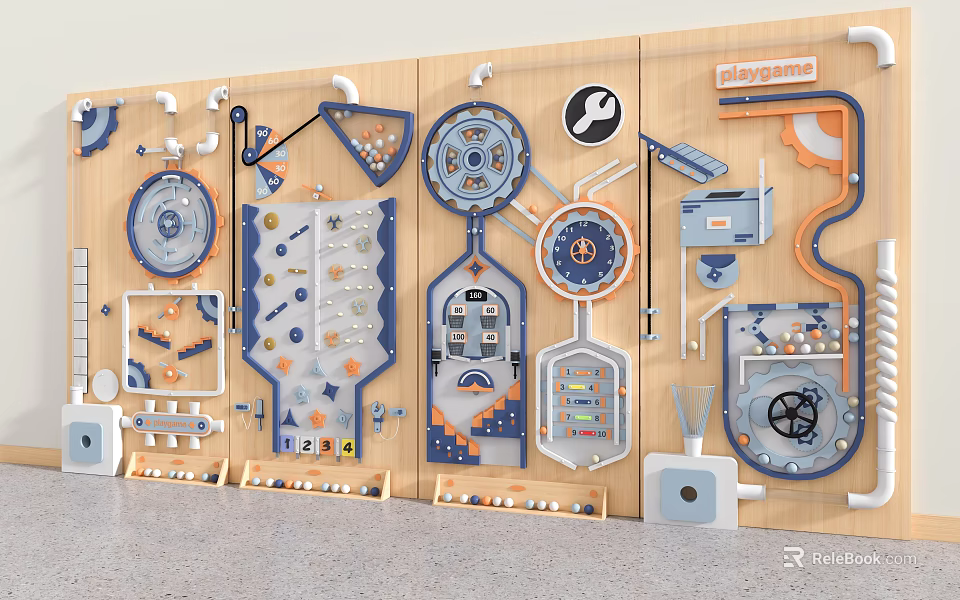 Interactive Children's Wall Decor with Mechanical Gears Pipes Tools and Ball Tracks on Wooden Background 3d model 