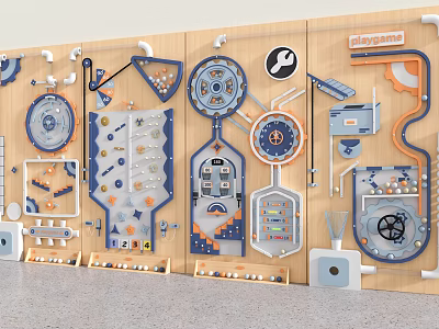 Interactive Children's Wall Decor with Mechanical Gears Pipes Tools and Ball Tracks on Wooden Background 3d model