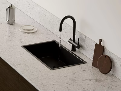 Modern Black Kitchen Faucet with Running Water Over Black Sink and White Marble Countertop 3d model