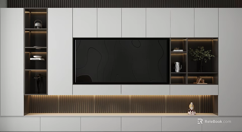 Modern TV Wall Design With White Cabinets Black Panel And LED Lighting 3d model 