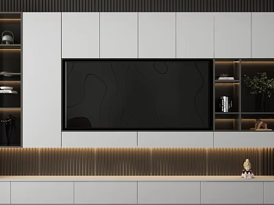 Modern TV Wall Design With White Cabinets Black Panel And LED Lighting 3d model