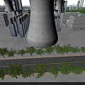 Industrial Plant With Tall Cooling Towers Surrounding Buildings And Tree Lined Road