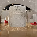 Modern Clothing Store Interior With Curved Display Wall Decorative Masks And Mannequins