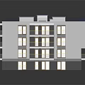 Modern Multi story Building With White Facade Black Roof Blue Rooftop Units And Balconies