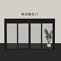 Electric Sliding Door With Black Frame Glass Panel In Interior And Potted Plant