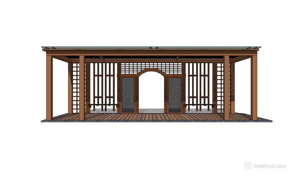 Traditional Wooden Garden Pavilion With Lattice Screens And Central Archway Design 3d model 