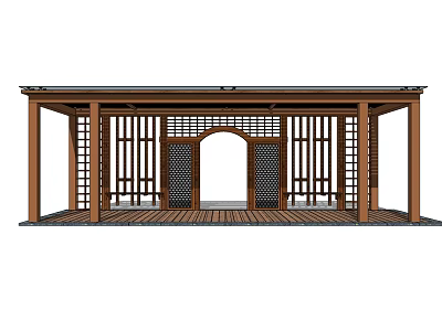 Traditional Wooden Garden Pavilion With Lattice Screens And Central Archway Design 3d model