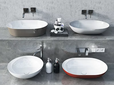 Various Colored Above Counter Washbasins With Faucets And Toiletries On Gray Wall 3d model
