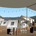 Outdoor Garden Landscape Featuring White Tents Wooden Deck Green Lawn Large Screen And Distant Mountains