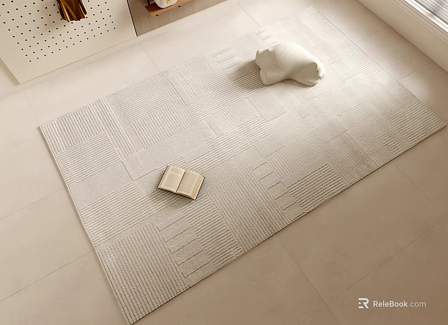 Square Rug With Open Book And White Plush Pillow On Light Colored Floor 3d model