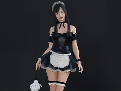 Woman in Classic Maid Outfit with Black Dress White Apron and Feather Duster 3d model