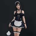 Woman in Classic Maid Outfit with Black Dress White Apron and Feather Duster