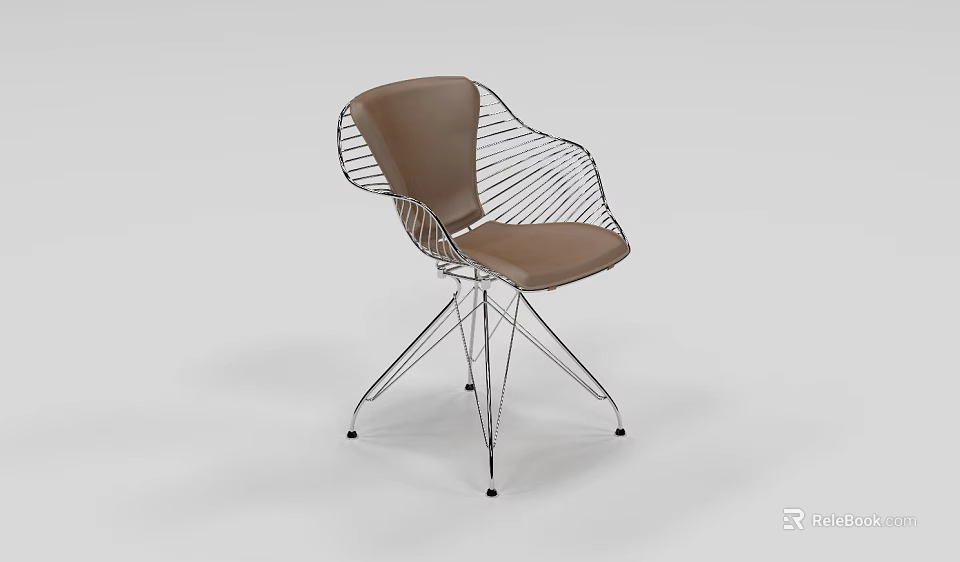 Stylish Modern Leisure Chair with Metal Wire Frame and Brown Leather Seat Design 3d model 
