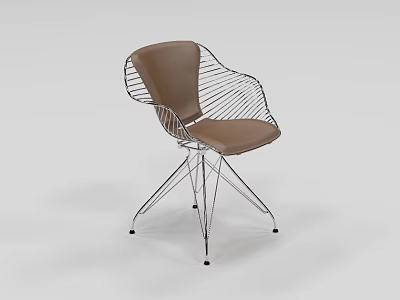 Stylish Modern Leisure Chair with Metal Wire Frame and Brown Leather Seat Design 3d model