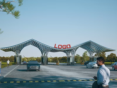 Modern Architectural Entrance Gate With Red LOGO Sign Cars Passing Through Surrounded By Green Trees 3d model