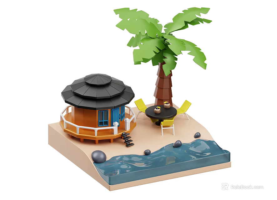 Tropical Garden Landscape with Wooden Hut Palm Tree Table Chairs Blue Water and Decorative Stones 3d model 