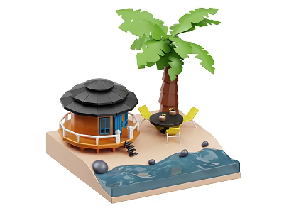 Tropical Garden Landscape with Wooden Hut Palm Tree Table Chairs Blue Water and Decorative Stones 3d model