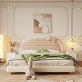 Double Bed with Pink Curved Headboard Bow Detail Green Blanket White Nightstand Lamp Beige Curtains