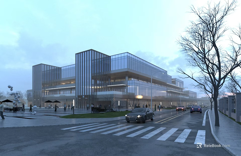 Modern Office Building with Glass Curtain Walls on Urban Street with Cars Pedestrians and Trees 3d model 
