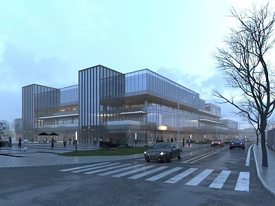 Modern Office Building with Glass Curtain Walls on Urban Street with Cars Pedestrians and Trees 3d model