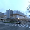 Modern Office Building with Glass Curtain Walls on Urban Street with Cars Pedestrians and Trees