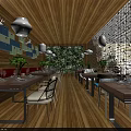 Lush Green Plant Decorated Restaurant Interior With Wooden Ceiling Hanging Lights Stone Walls And Colorful Chairs