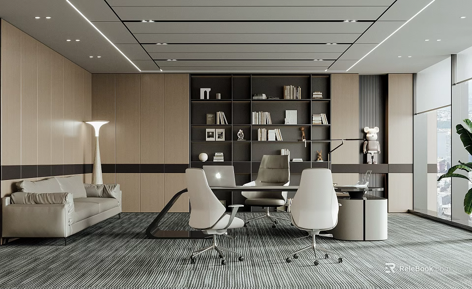 Modern Office Open Layout with Sofa Bookshelf Office Desk Chairs and Floor-to-Ceiling Windows 3d model 