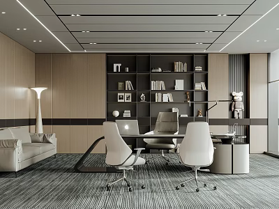 Modern Office Open Layout with Sofa Bookshelf Office Desk Chairs and Floor-to-Ceiling Windows 3d model