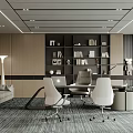 Modern Office Open Layout with Sofa Bookshelf Office Desk Chairs and Floor-to-Ceiling Windows