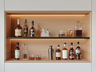 Elegant Liquor Shelf Display With Multiple Wine Bottles Glasses And Warm Lighting 3d model