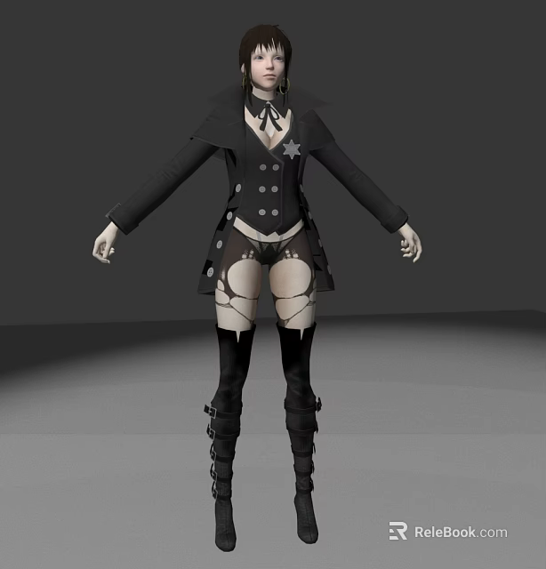 Game Movie Character In Black Coat With Star Short Skirt Thigh Straps And Tall Boots 3d model 
