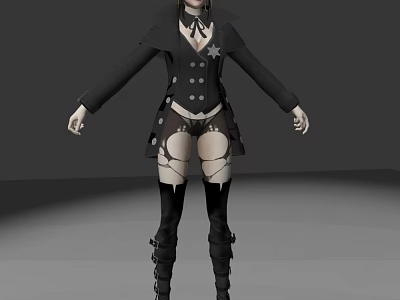Game Movie Character In Black Coat With Star Short Skirt Thigh Straps And Tall Boots 3d model