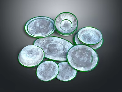 Decorative Silver Plates With Green Edges For Elegant Table Decoration Arrangement 3d model