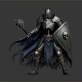 A Man in Medieval Armor Holding Mace and Skull Shield with Blue Cloak