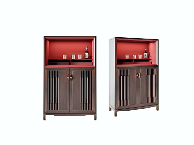Dark Brown Wooden Wine Cabinet Traditional Chinese Style With Red Interior Vertical Slatted Doors 3d model