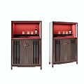 Dark Brown Wooden Wine Cabinet Traditional Chinese Style With Red Interior Vertical Slatted Doors
